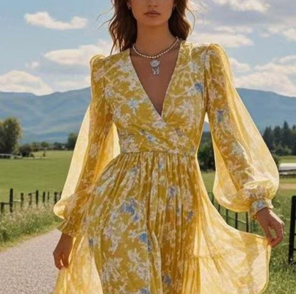 Fashion Yellow V-neck Stitching Chiffon Dress