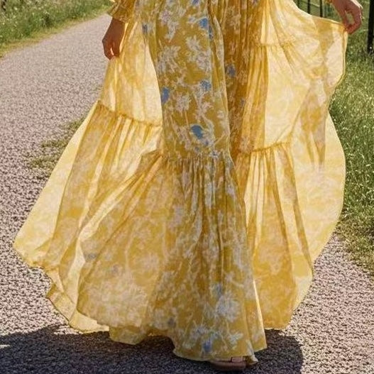 Fashion Yellow V-neck Stitching Chiffon Dress