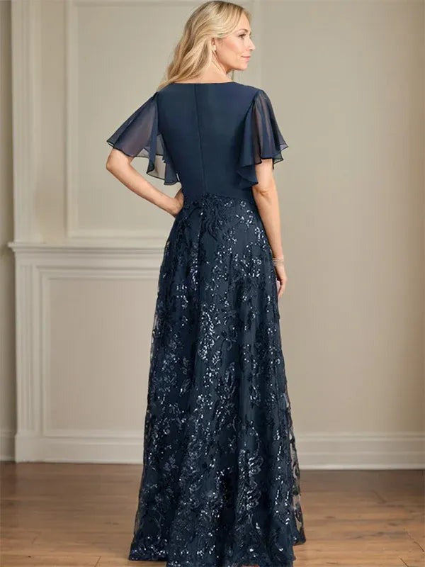 Navy Sequin Lace Flutter-Sleeve Maxi Dress