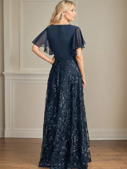 Navy Sequin Lace Flutter-Sleeve Maxi Dress