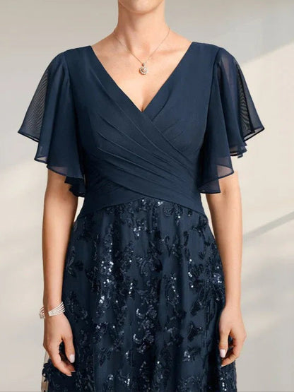 Navy Sequin Lace Flutter-Sleeve Maxi Dress