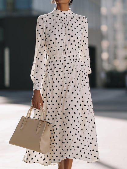 Chic Long Sleeve Polka Dot Midi Dress