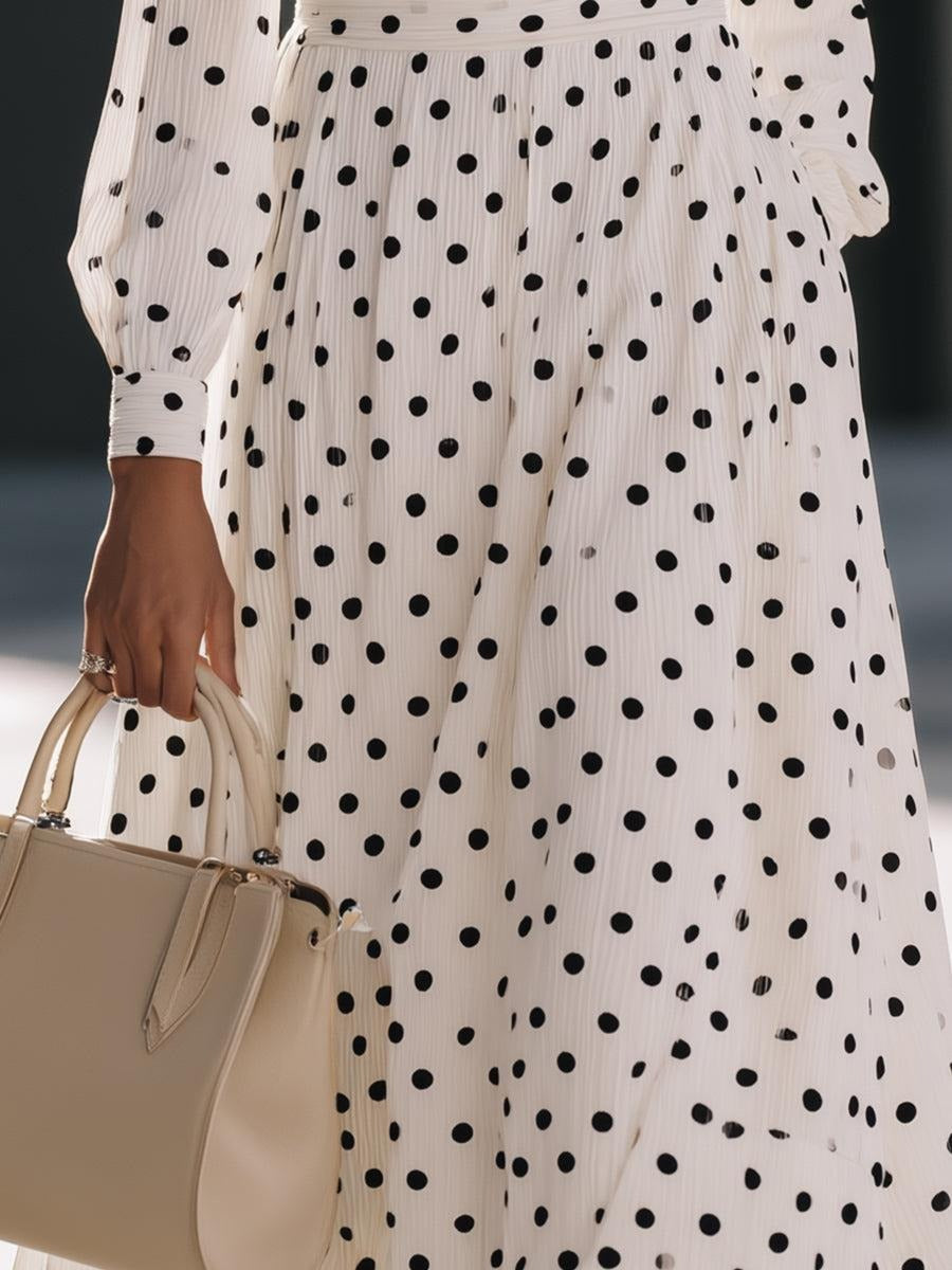 Chic Long Sleeve Polka Dot Midi Dress