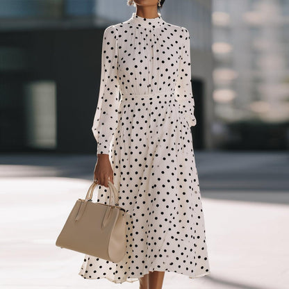 Chic Long Sleeve Polka Dot Midi Dress