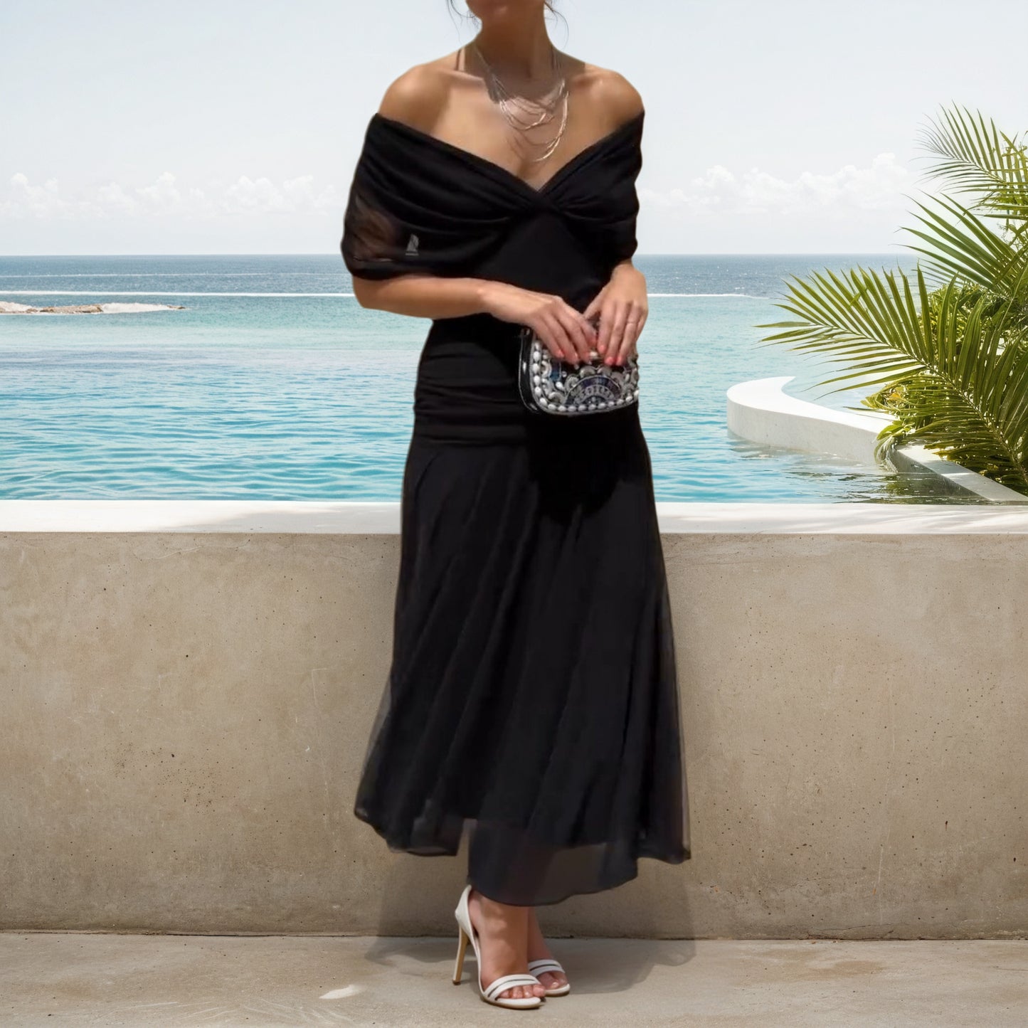 Black Off Shoulder Chiffon Maxi Dress