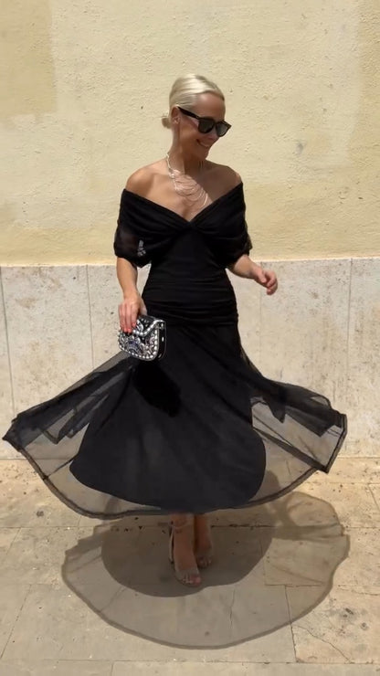 Black Off Shoulder Chiffon Maxi Dress