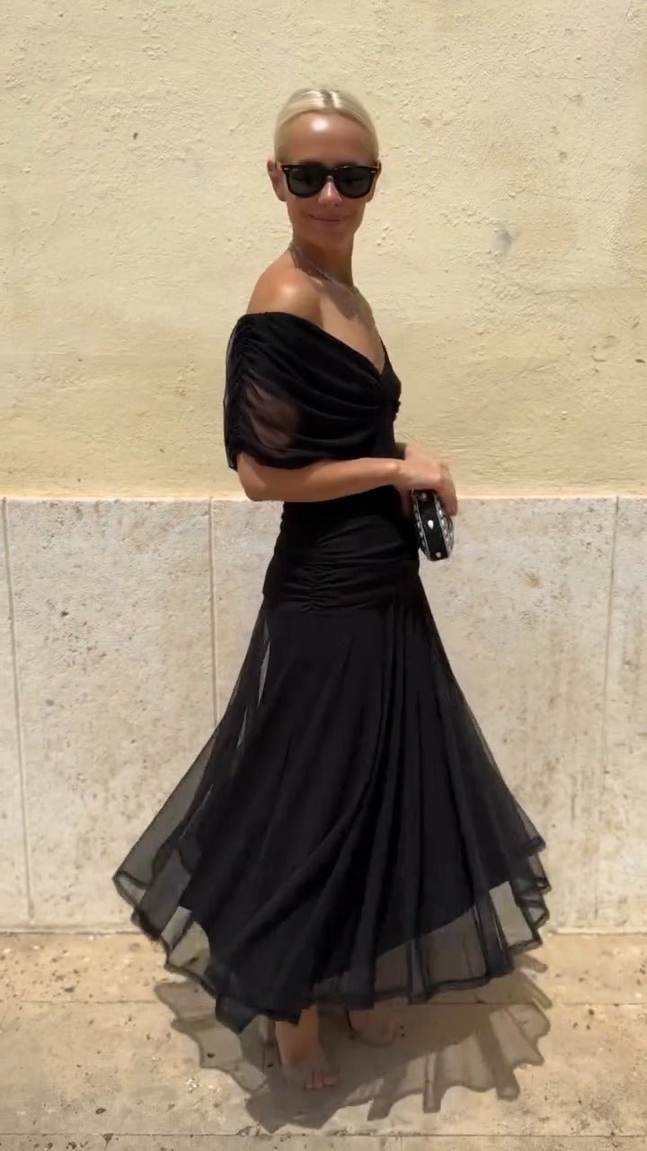 Black Off Shoulder Chiffon Maxi Dress