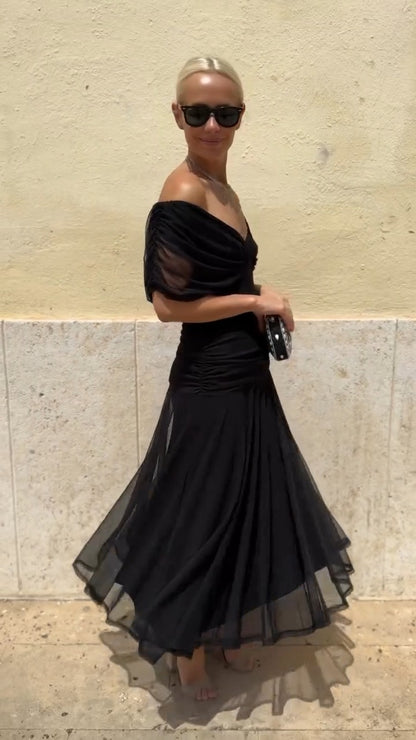 Black Off Shoulder Chiffon Maxi Dress