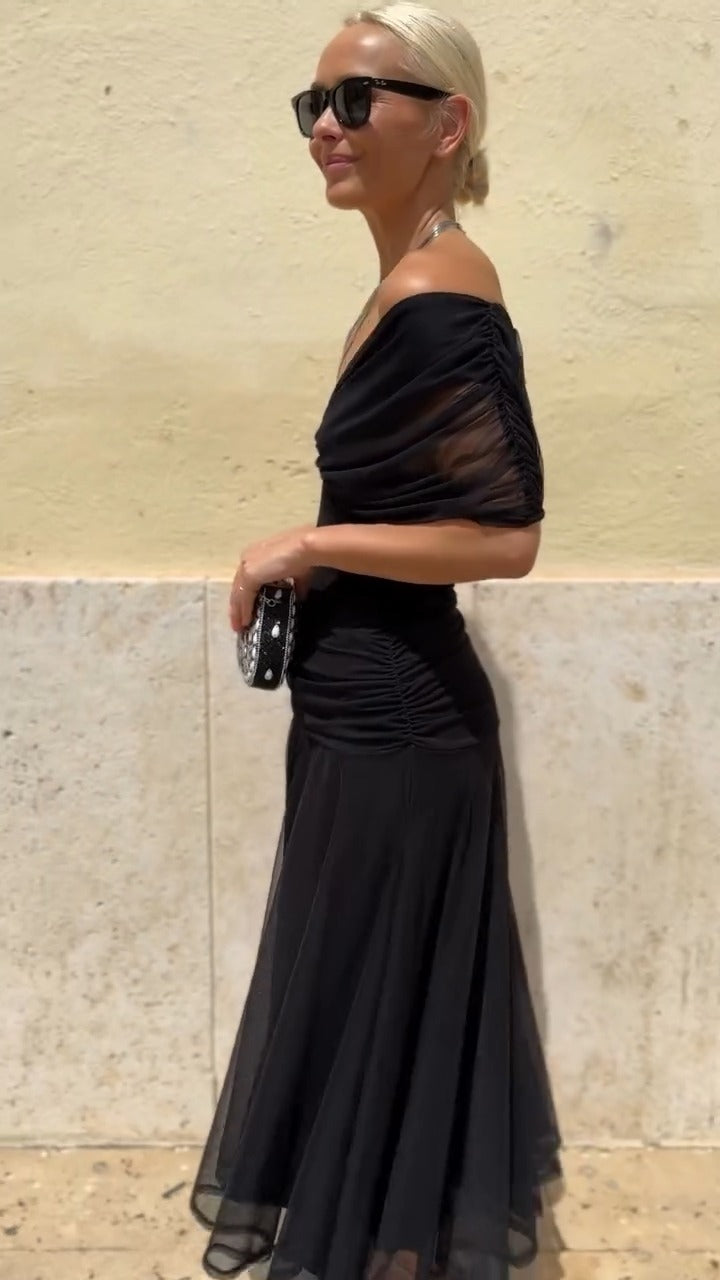 Black Off Shoulder Chiffon Maxi Dress