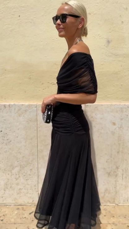 Black Off Shoulder Chiffon Maxi Dress