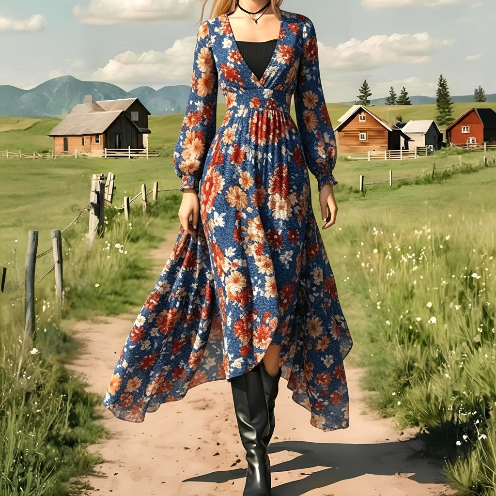 Floral Print Deep V-Neck Asymmetric Maxi Dress