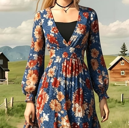 Floral Print Deep V-Neck Asymmetric Maxi Dress