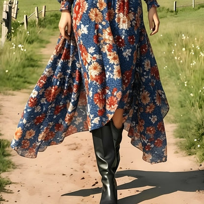 Floral Print Deep V-Neck Asymmetric Maxi Dress