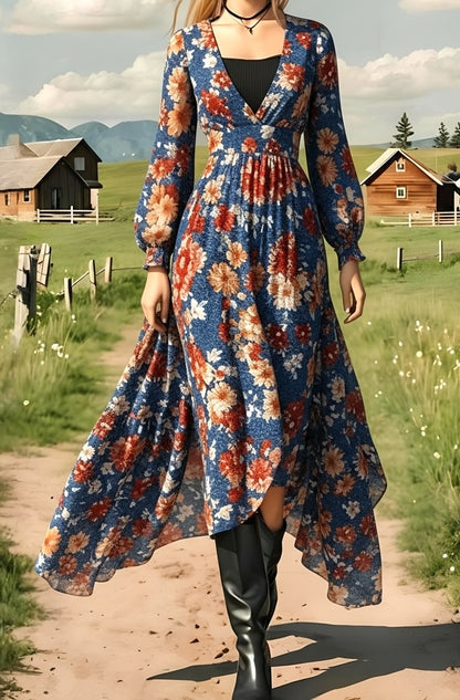 Floral Print Deep V-Neck Asymmetric Maxi Dress