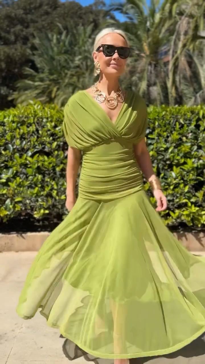 Lime Green Draped V-Neck Maxi Dress