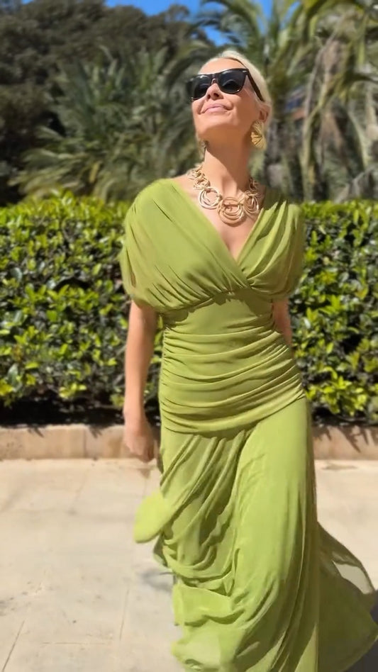 Lime Green Draped V-Neck Maxi Dress