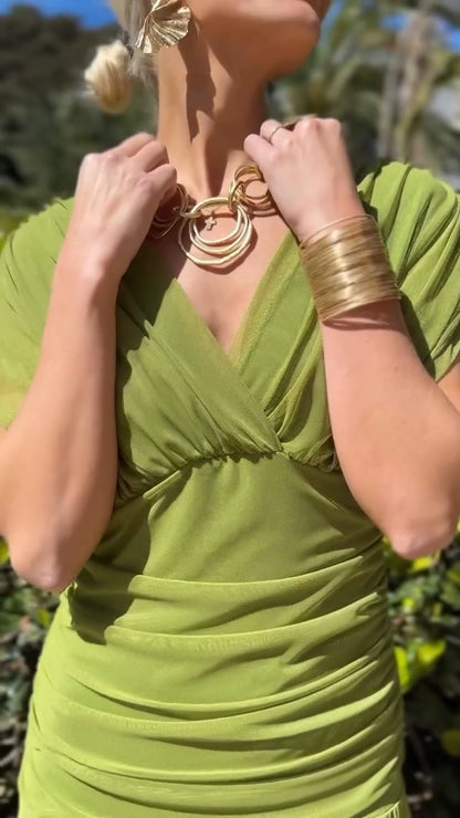 Lime Green Draped V-Neck Maxi Dress