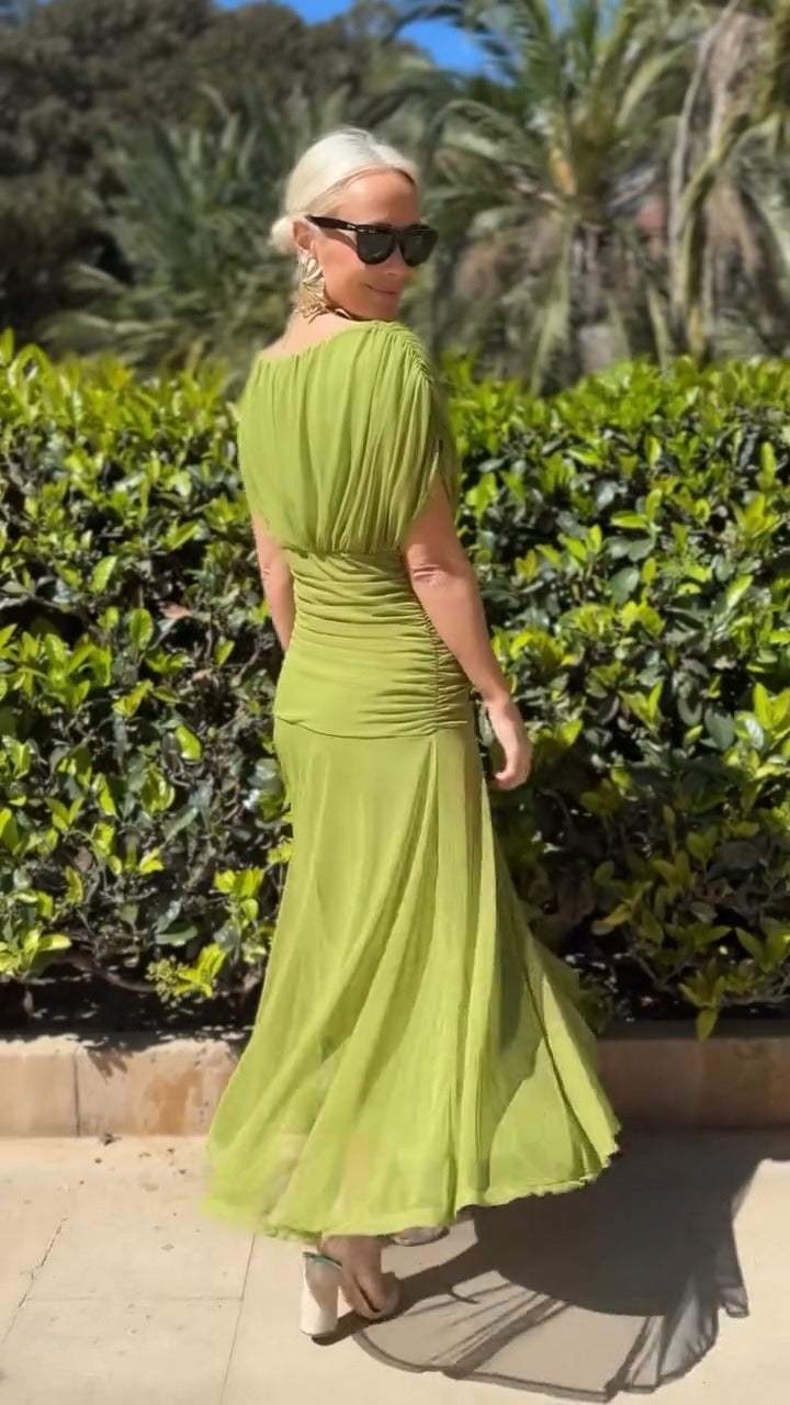 Lime Green Draped V-Neck Maxi Dress