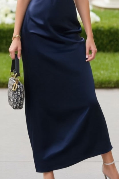 Navy One Shoulder Maxi Satin Dress