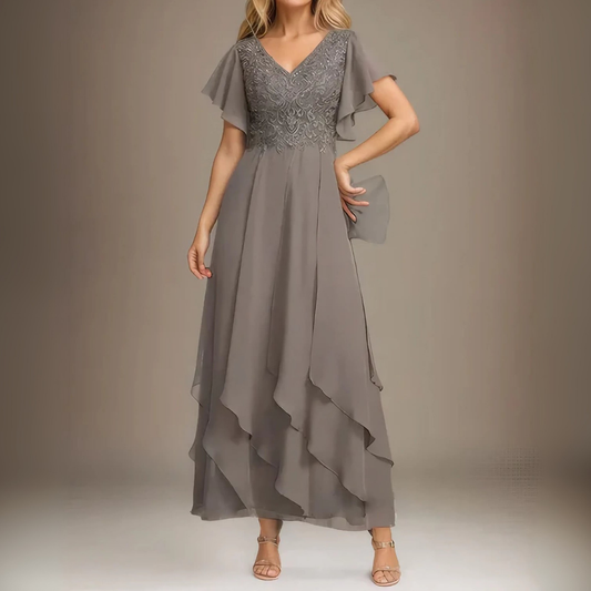 Grey Embroidered Chiffon Tiered Maxi Dress