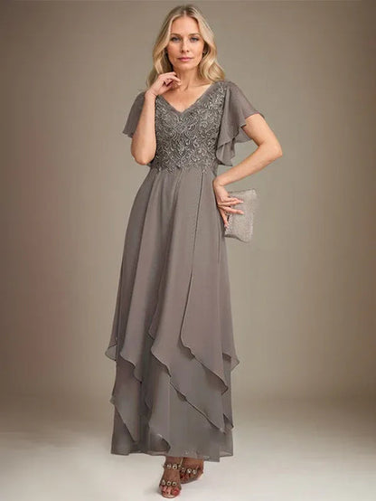 Grey Embroidered Chiffon Tiered Maxi Dress