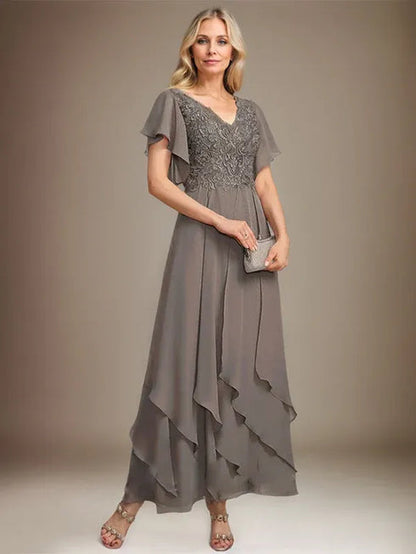 Grey Embroidered Chiffon Tiered Maxi Dress