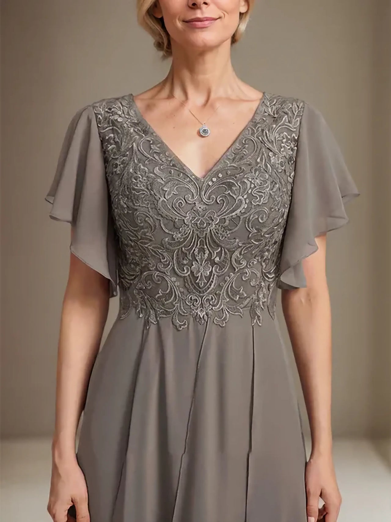Grey Embroidered Chiffon Tiered Maxi Dress