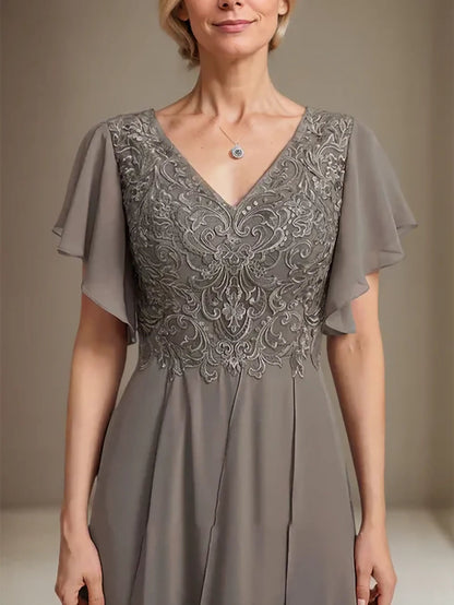 Grey Embroidered Chiffon Tiered Maxi Dress