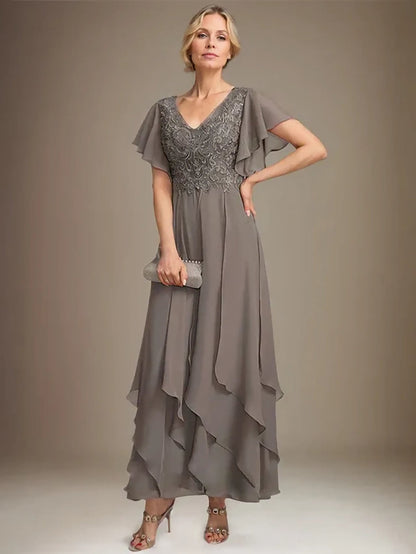 Grey Embroidered Chiffon Tiered Maxi Dress