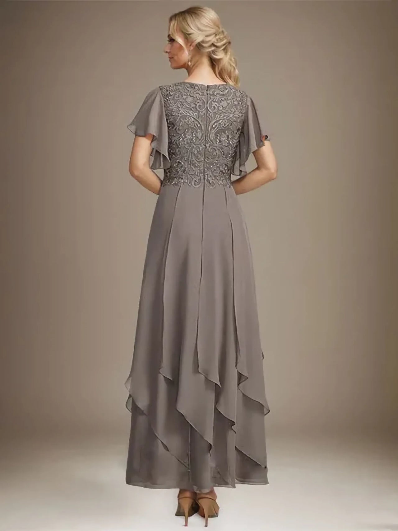 Grey Embroidered Chiffon Tiered Maxi Dress