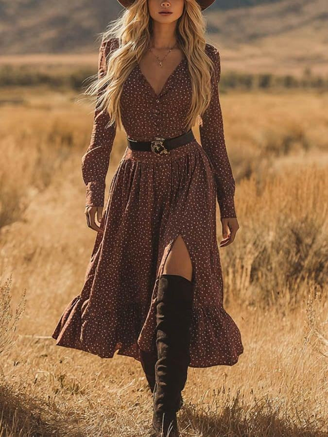 Coffee Polka Dot Long Sleeve Midi Dress