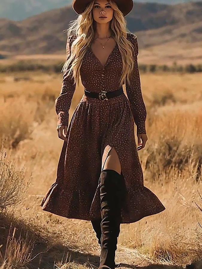 Coffee Polka Dot Long Sleeve Midi Dress