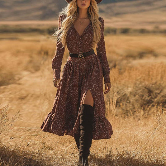 Coffee Polka Dot Long Sleeve Midi Dress