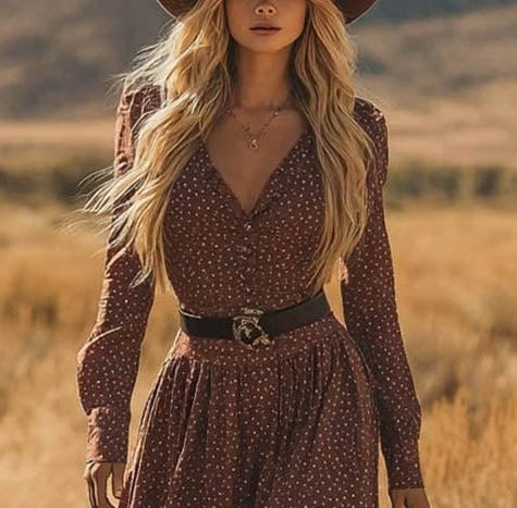 Coffee Polka Dot Long Sleeve Midi Dress