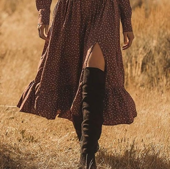Coffee Polka Dot Long Sleeve Midi Dress
