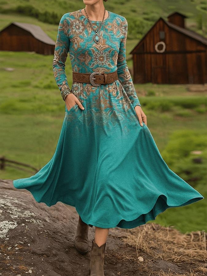 Teal Boho Gradient Midi Dress