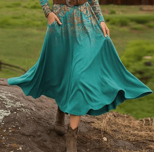 Teal Boho Gradient Midi Dress