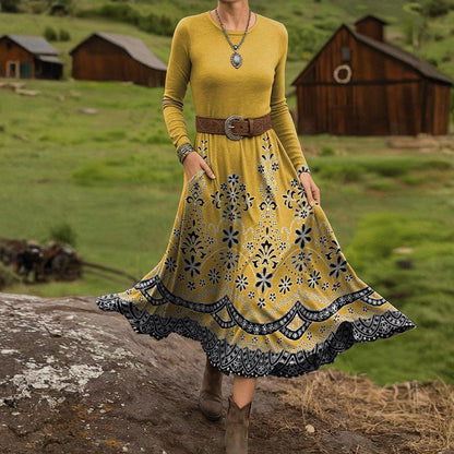 Yellow Boho Floral Print Midi Dress