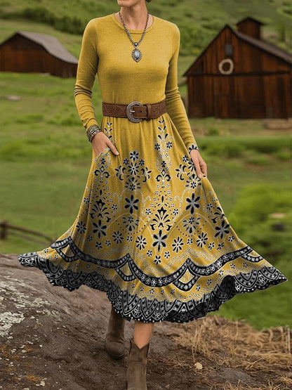 Yellow Boho Floral Print Midi Dress