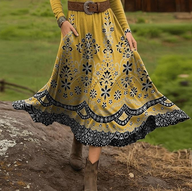 Yellow Boho Floral Print Midi Dress