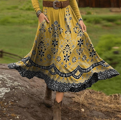 Yellow Boho Floral Print Midi Dress