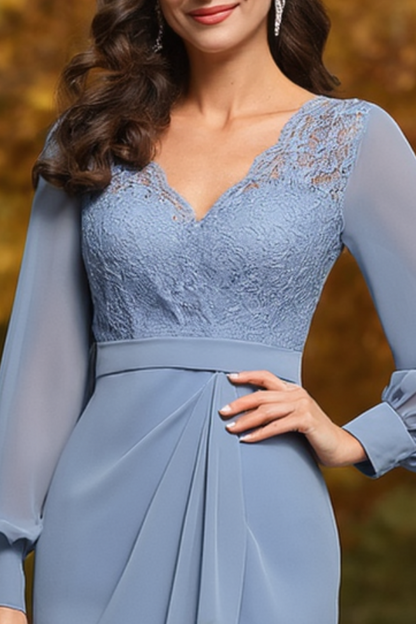 Dusty Blue Lace-Trimmed Asymmetric Midi Dress