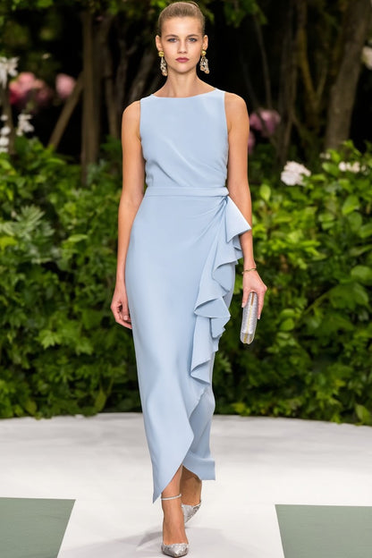 Light Blue Sleeveless Ruffled Asymmetric Midi Dress