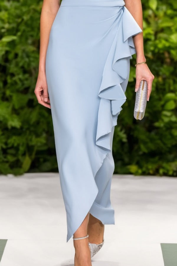 Light Blue Sleeveless Ruffled Asymmetric Midi Dress
