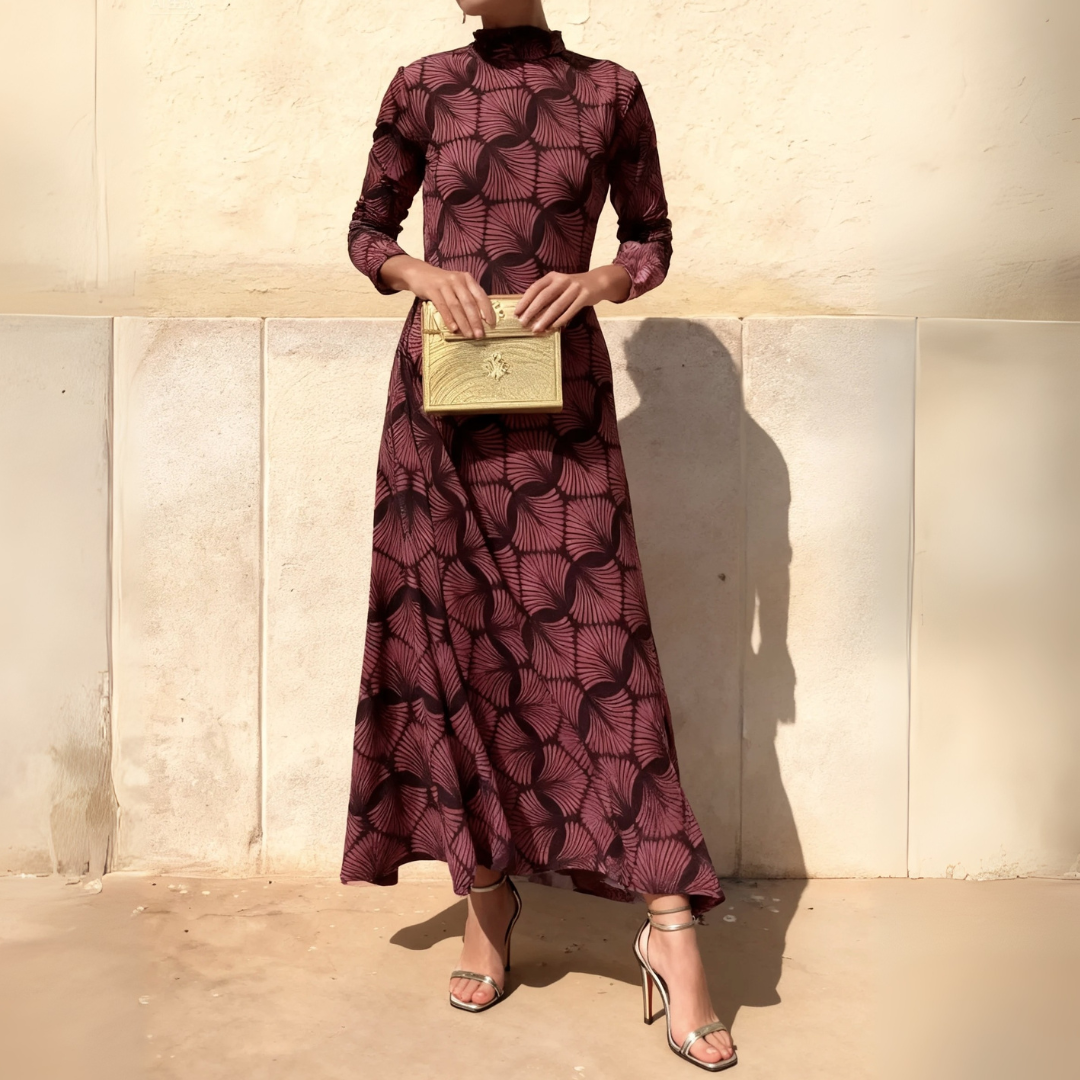 Burgundy Geometric Print High-Neck Maxi Dress