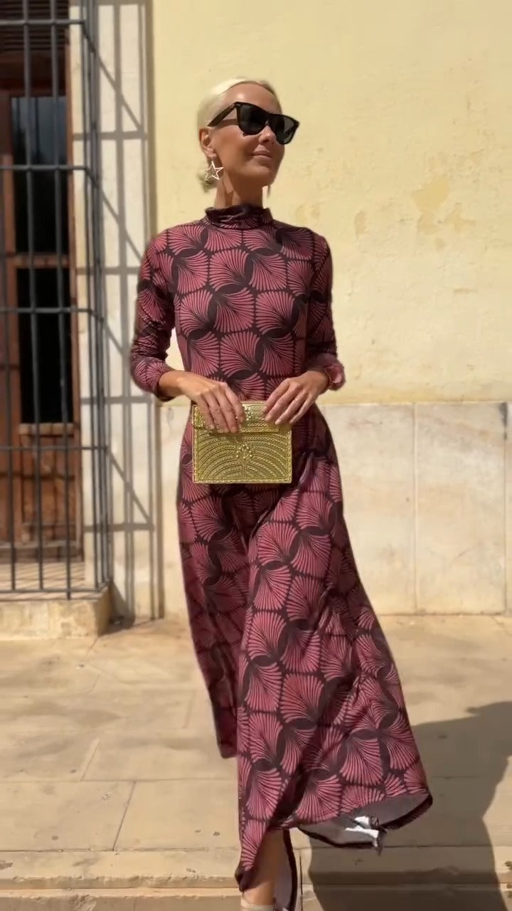 Burgundy Geometric Print High-Neck Maxi Dress