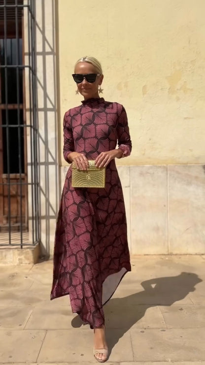 Burgundy Geometric Print High-Neck Maxi Dress