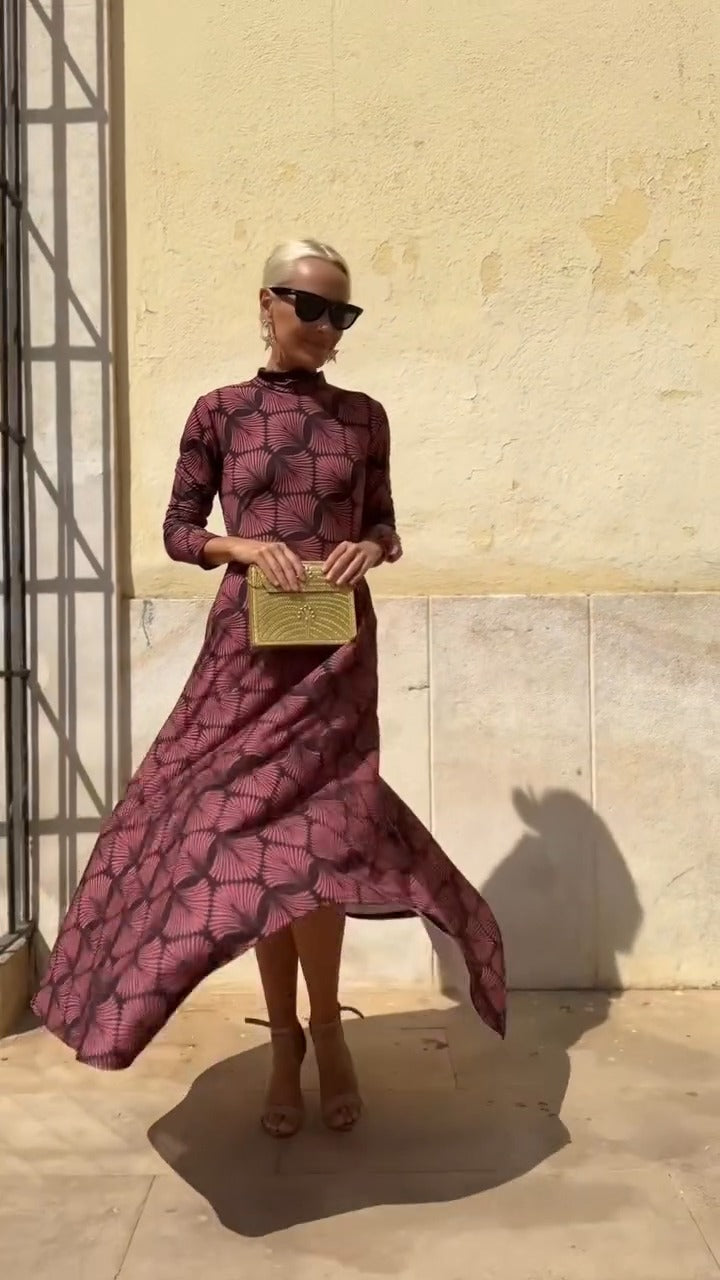 Burgundy Geometric Print High-Neck Maxi Dress