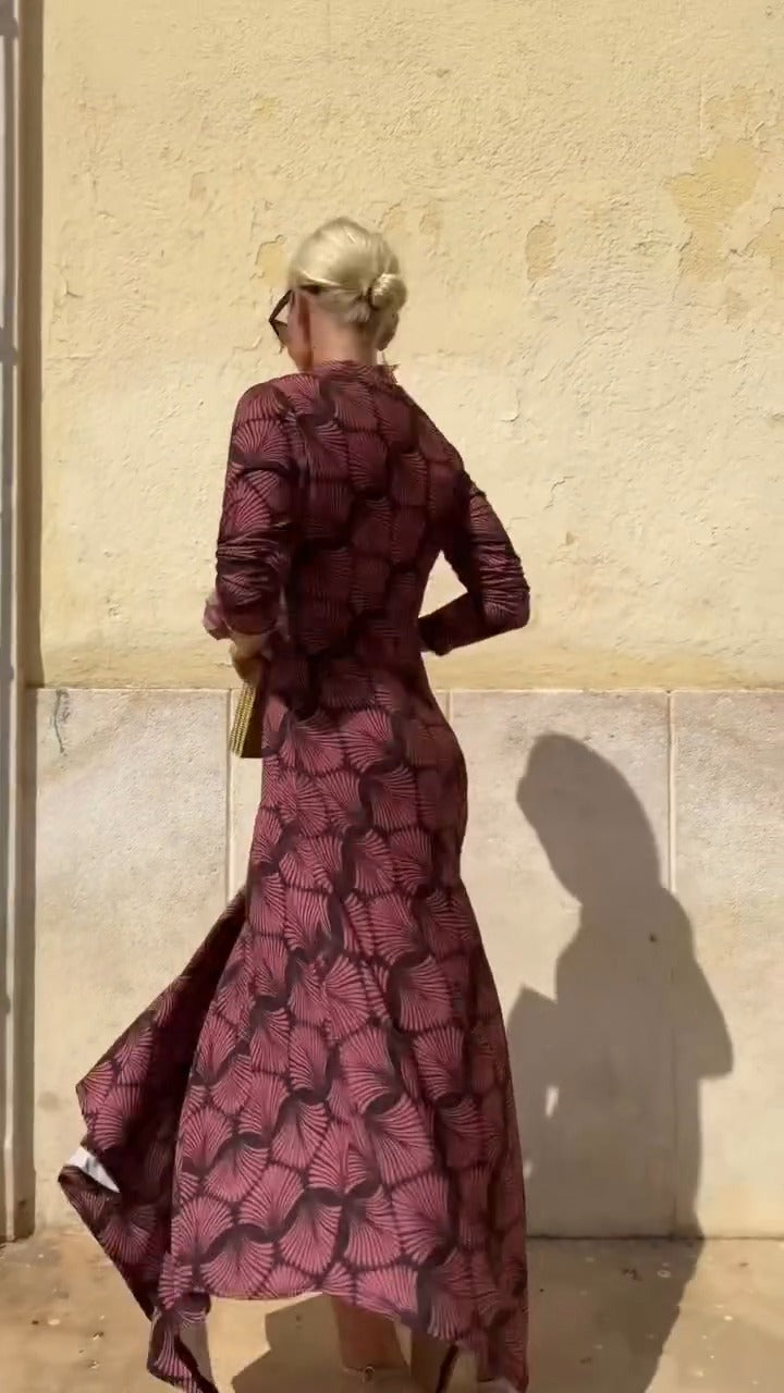 Burgundy Geometric Print High-Neck Maxi Dress