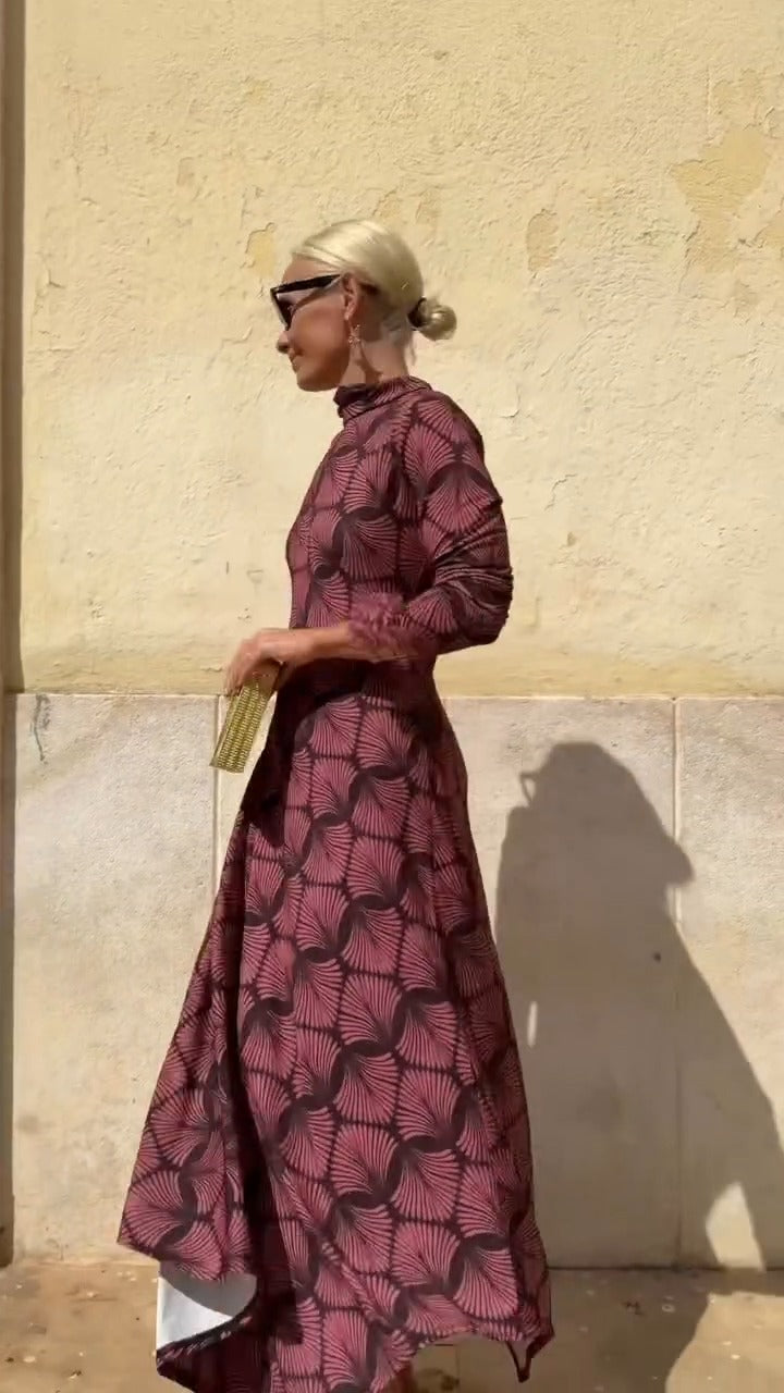 Burgundy Geometric Print High-Neck Maxi Dress